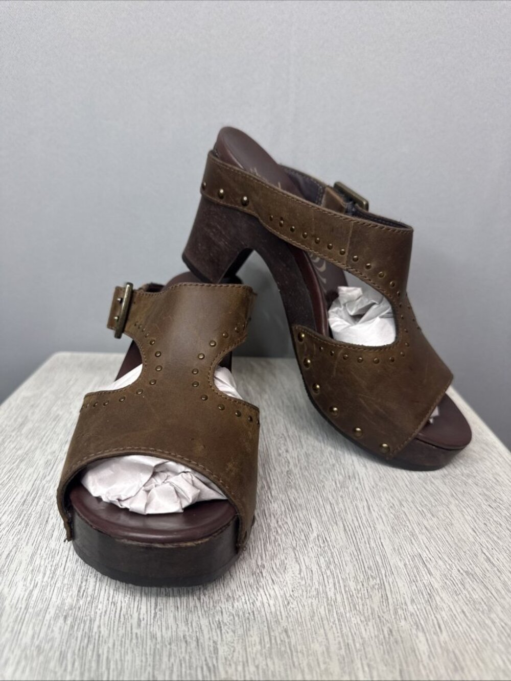Dansko 'Ripley Brown Crazy Horse' Leather Slide Shoe with Studs & Buckle - Sz 7